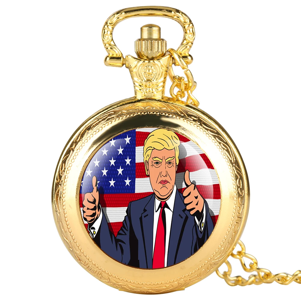 Трамп президент тема карманные часы кварцевые флаги США с Трампом ожерелье цепь кулон часы подарок для поклонников унисекс Relgio - Цвет: Gold3