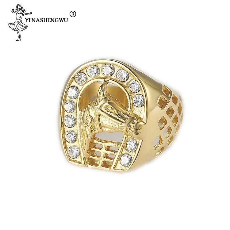 

Hip Hop Stainless Steel Gold Color Horse Head Ring With Zircon Male Ring Fashion Jewelry High Quality Promotion Men Rings Anillo