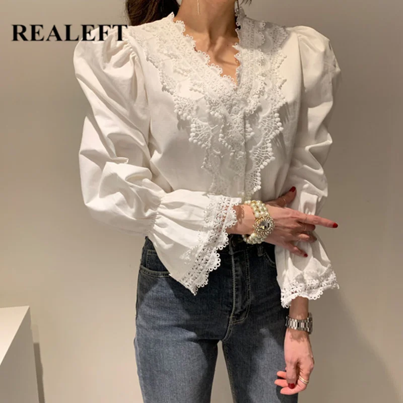 REALEFT новая весенняя белая кружевная Лоскутная Повседневная Женская рубашка