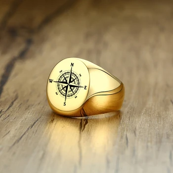 

Men Signet Rings Free Personalize Custom Compass Stainless Steel Fashion Black Band Rings Hiphop Rock Jewelry