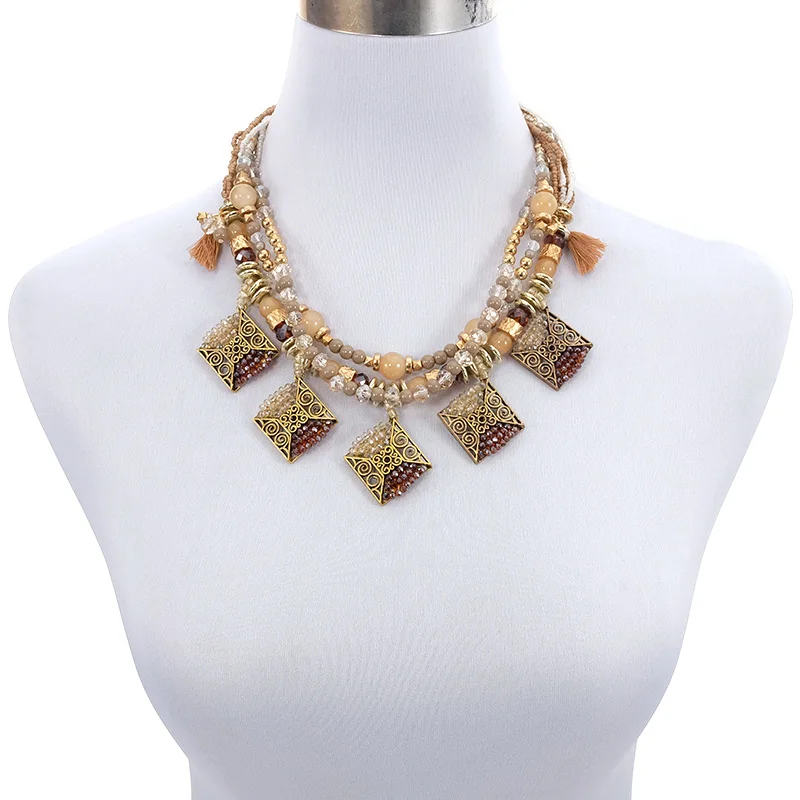 Statement Women Bohemin Trendy Ethnic Crystal Tassel Pendant Layered Collar Choker Necklace Fashion Jewelry