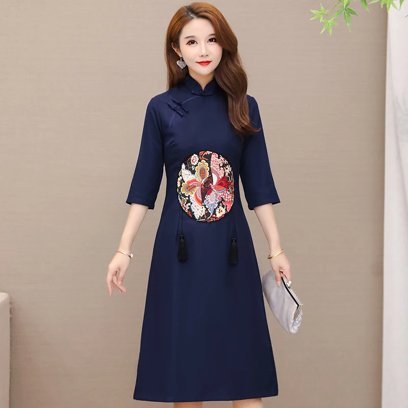 Новинка, винтажное женское платье, длинный рукав,, французское, Cheongsam, модифицированное, Китай, длинное, в ветру, платья темно-синего цвета, 7112