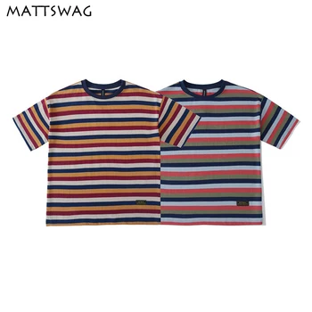 

MATTSWAG Colorful Stripe Men Summer Tshirt Cotton Casual Men Tee Top Retro Hit Color Mens Short Sleeve T Shirt Streetwear Unisex