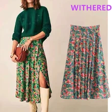 

Elmsk faldas mujer moda ins bogger england vintage skirts womens floral print pleated fork high waists skirt women long