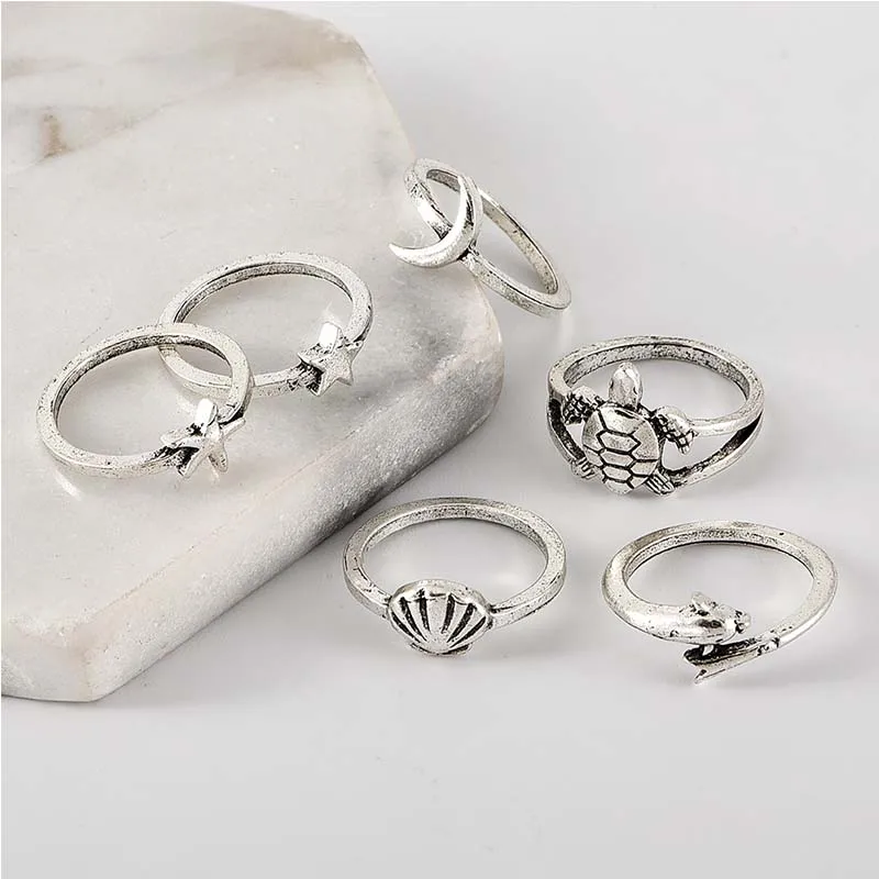 6 Pcs/ Set Women Rings Set Personality Turtle Dolphin Shell Starfish Moon Star Silver Midi Ring Lady Fashion Party Accessories