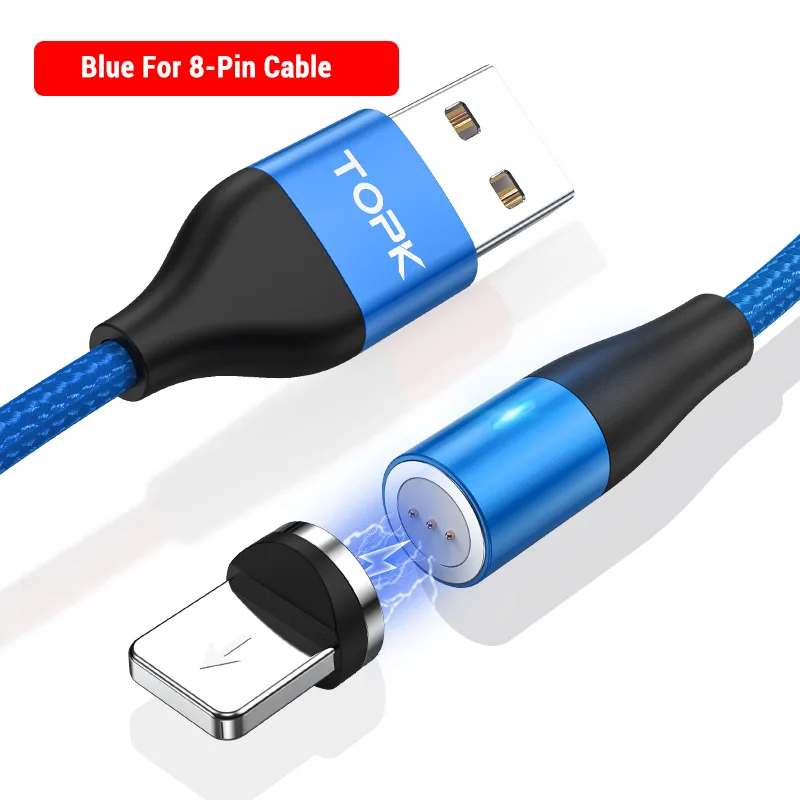 For 8 Pin Blue TOPK 1 м 2 м Быстрый Магнитный кабель для передачи данных Micro USB кабель type C зарядное устройство для samsung Xiaomi Магнитный кабель для iPhone Android - Цвет: For 8 Pin Blue