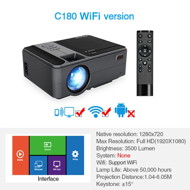 Caiwei C180 Smart Mini Projectorhd мобильный Телевизор Android маленький проектор для домашнего кинотеатра проекторы видео уличные проекторы - Цвет: C180W(Basic verson)