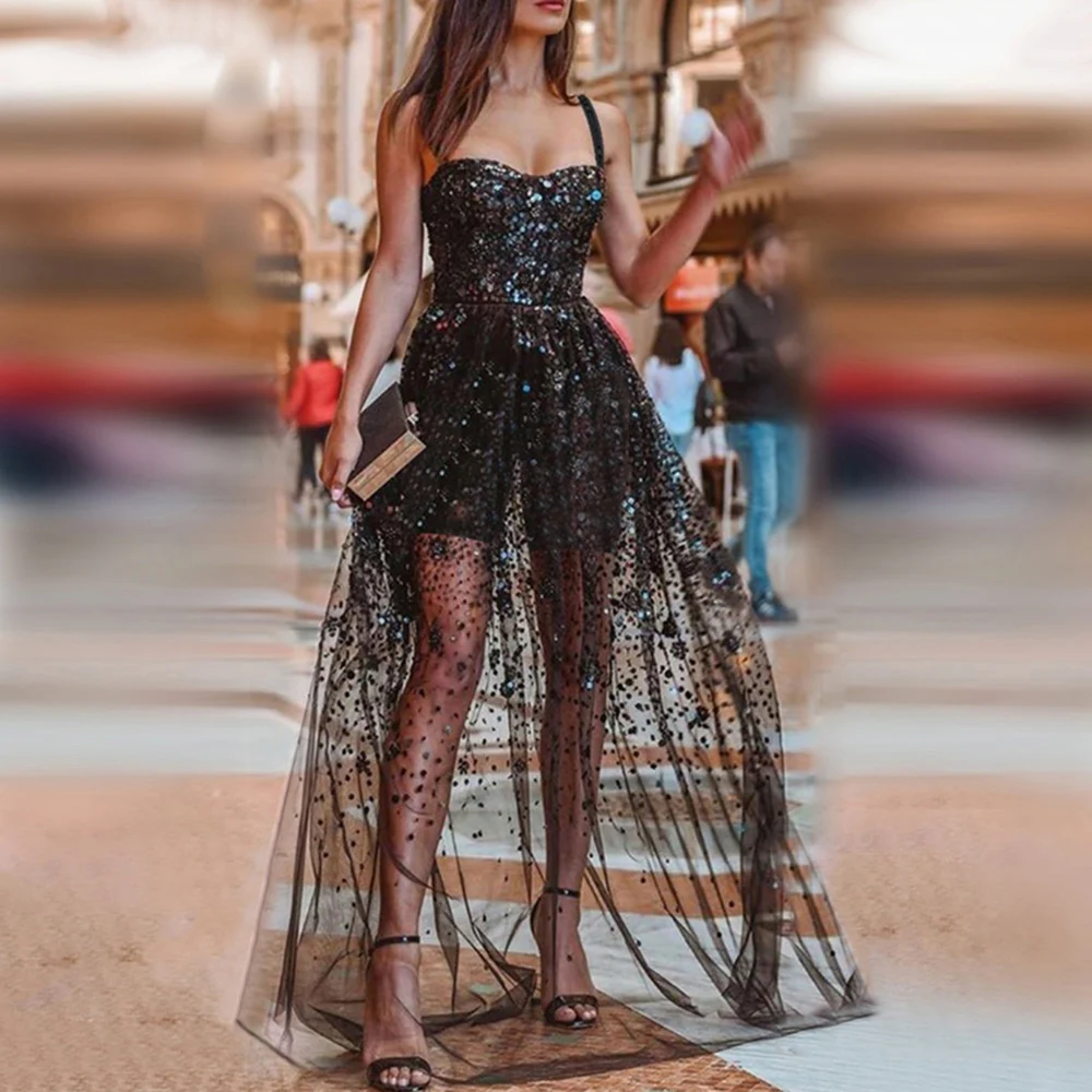 

OEAK 2019 Women Female Long Color Sequins Empire Base Dress High Waist Mesh Maxi Sundress Fashion Strap Dresses Sexy Sling Party