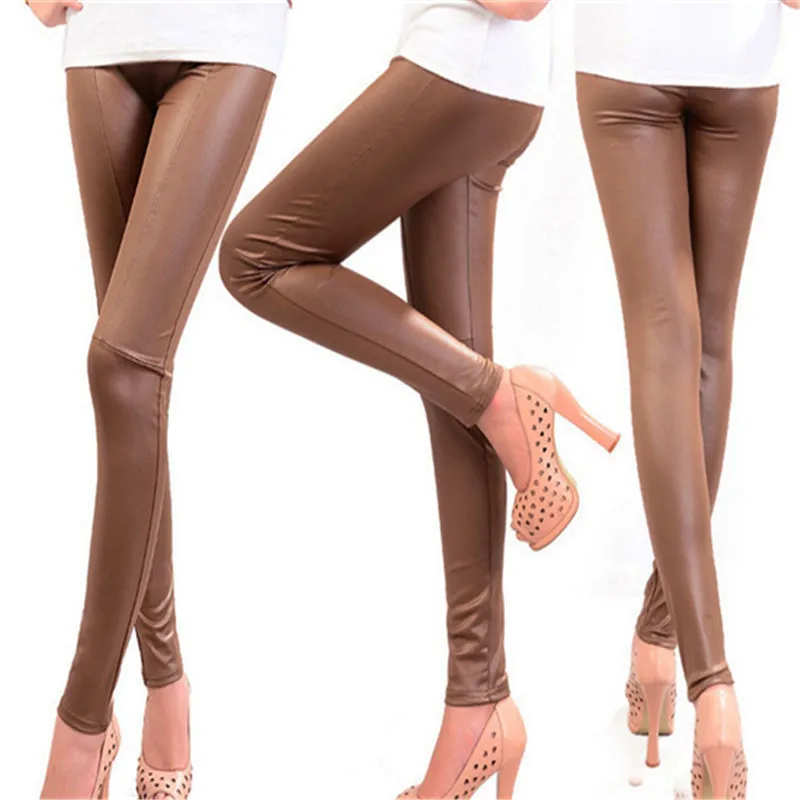 CUHAKCI Black Leather Leggings Lady Patchwork Ankle Length Office Pants Casual Sexy Trousers Black Leggings Women brown leggings