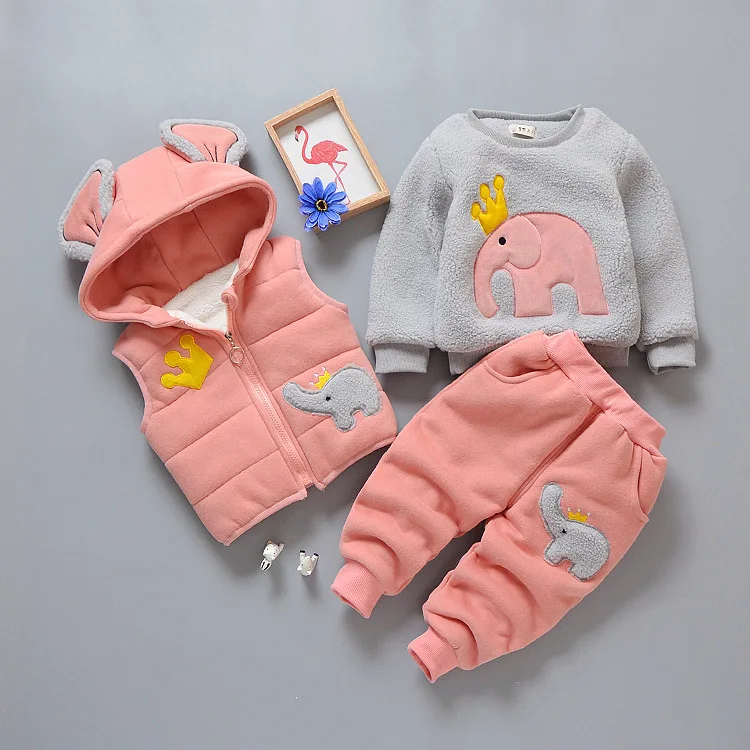 Winter Thicken Fleece Warm Kids Clothing 3 Piece Set Cartoon Elephant Patchwork Hooded Vest+Pullover+Pants Children Outfit 6M-4T