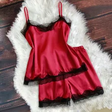 Высококачественный Женский комплект Pajiama, однотонный цвет, красный атлас, шелковые шорты, комплект Pijiama, повседневная, приятная на ощупь одежда для сна, мягкий Пижамный костюм