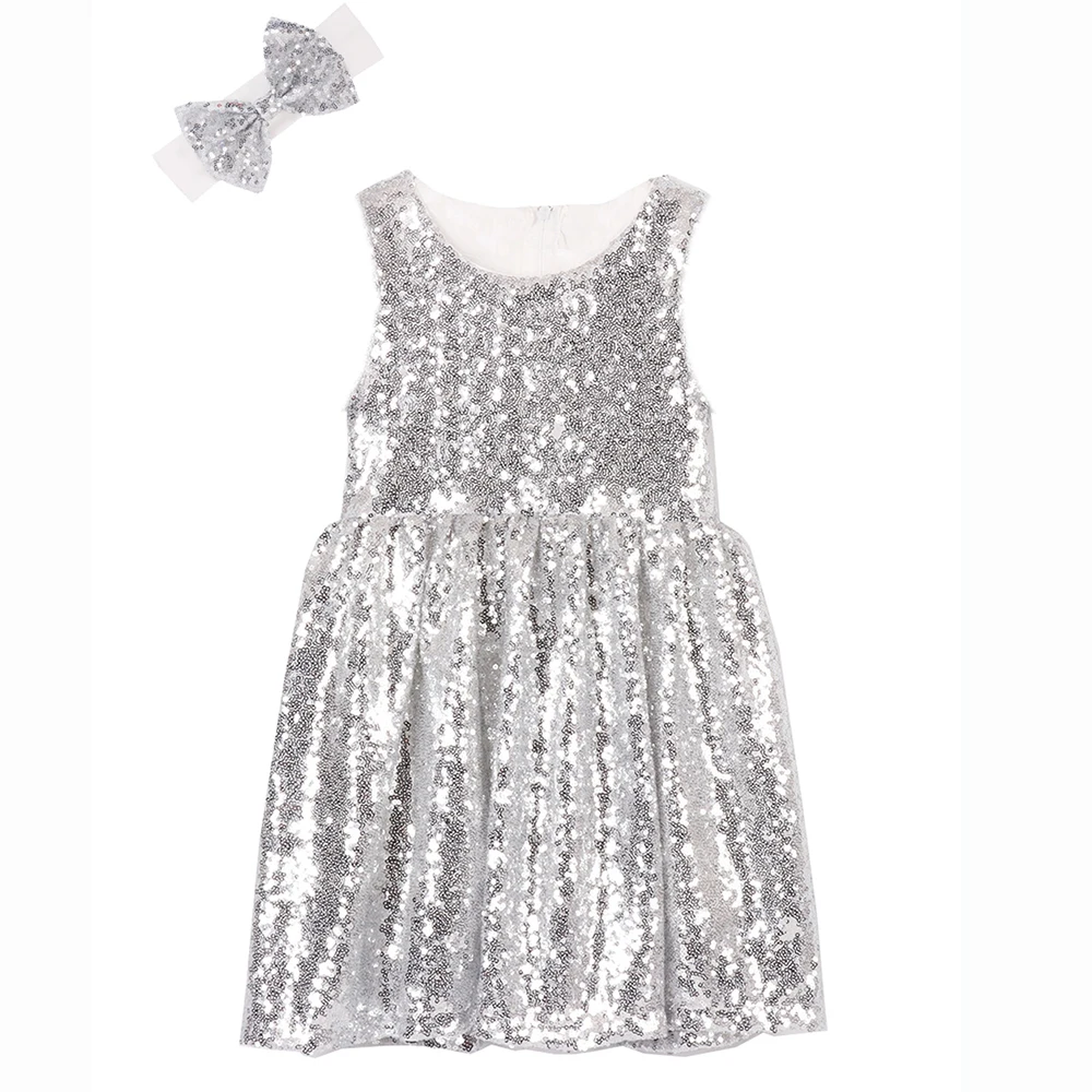 Детское платье с блестками для девочек; серебристое платье без рукавов для малышей; розовое платье для дня рождения, свадьбы, конкурса красоты, Рождества