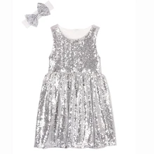 Детское платье с блестками для девочек; серебристое платье без рукавов для малышей; розовое платье для дня рождения, свадьбы, конкурса красоты, Рождества