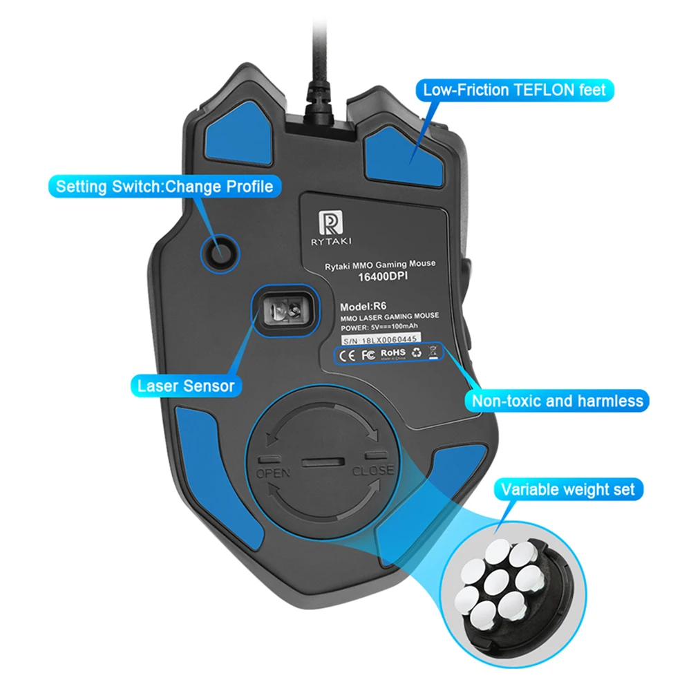  Rocketek USB wired Gaming Mouse 16400 DPI 16 buttons laser programmable game mice with backlight er
