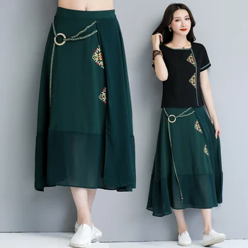 

faldas mujer moda 2020 jupe femme plus size women clothing women summer Mexico style ethnic vintage long green embroidery skirt