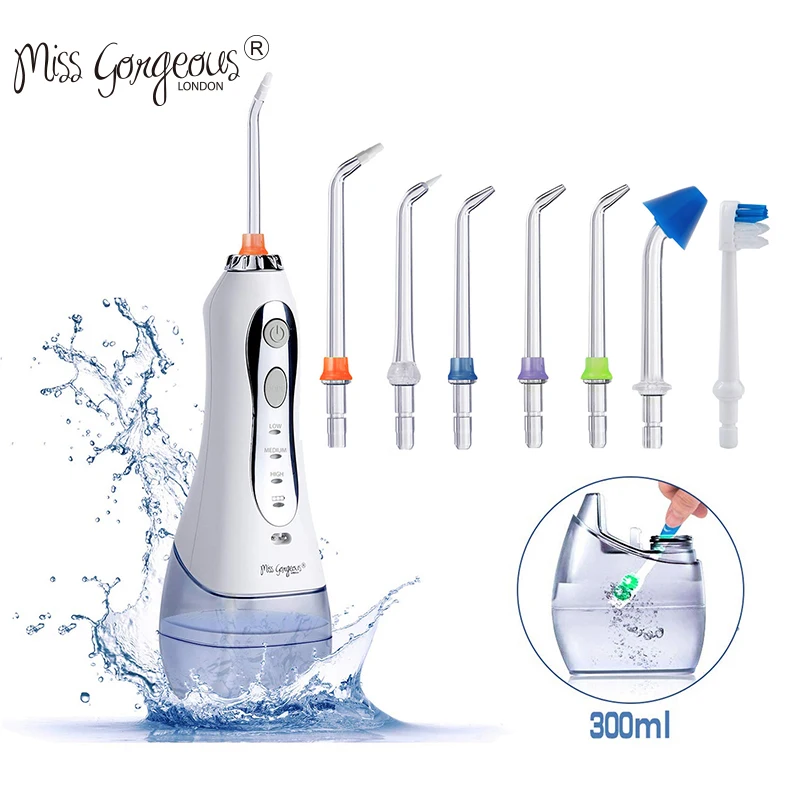 

Miss Gorgeous IPX7 Water Flosser Teeth Cleaner Dental Flosser Portable Oral Irrigator Rechargeale USB 300ML With 7 Jet Tips