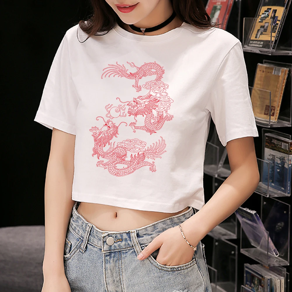Hip Hop Cropped Top T Women Grunge Dragon Graphic T Shirt O-neck Tshirt Summer Fashion Crop Ulzzang