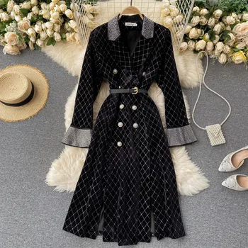 

Vintage Turn-Down Collar Double Breasted Dress Women High Quality Black Plaid Velvet Party Dress Ladies Office Autumn Winter New