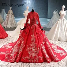 Арабское роскошное в мусульманском стиле с длинным рукавом красное свадебное платье Vestido de Novia с высоким воротом кружевное элегантное винтажное бальное платье для невесты