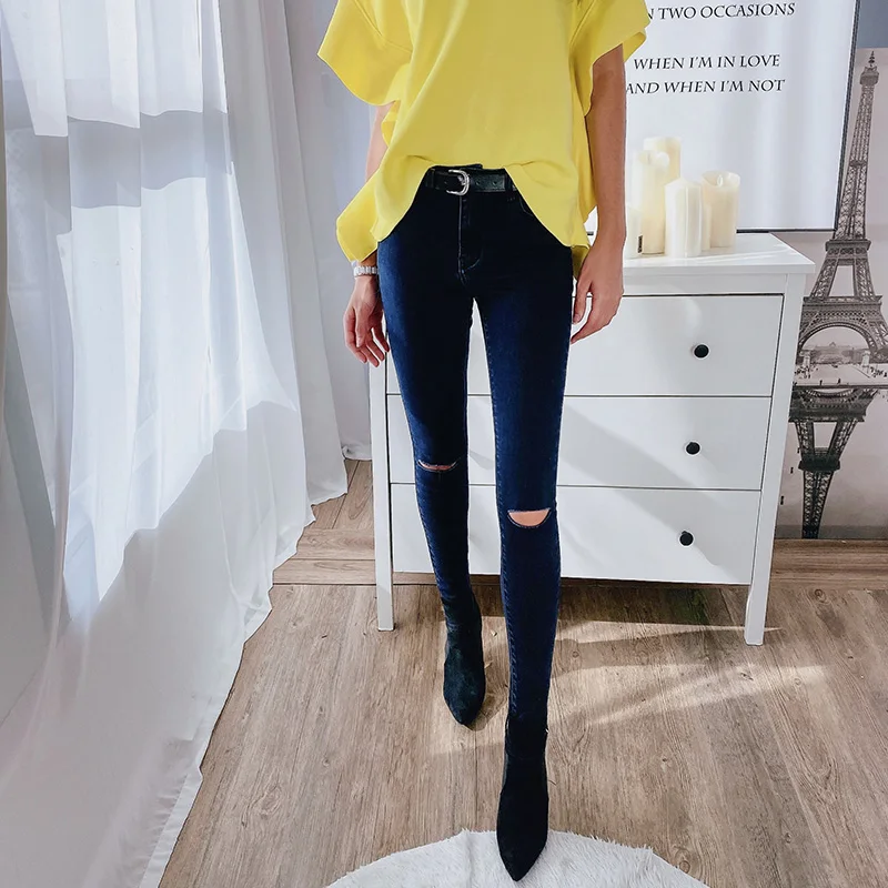 

Dabuwawa Zipper Fly Skinny Casual Hole Pencil Jeans Women Bottoms Streetwear Mid Waist Buttoned Denim Trousers Female DT1ALJ002