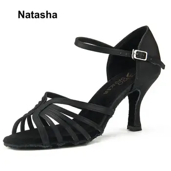 

Natasha women ballroom dance shoes latin dancing shoe satin high heel buckle suede sole 2.75" heel height open-toe