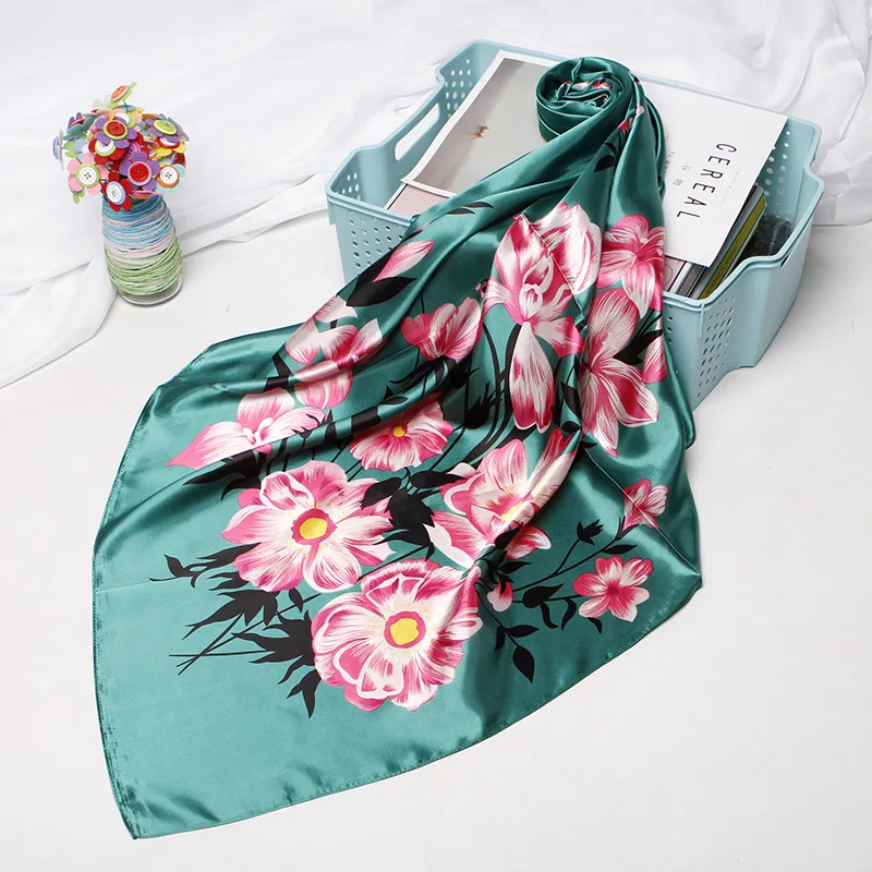 

Floral Print Kerchief Silk Satin Hair Scarf For Women Fashion Hijab Scarfs Female 90*90cm Square Shawls Neck Scarves For Ladies
