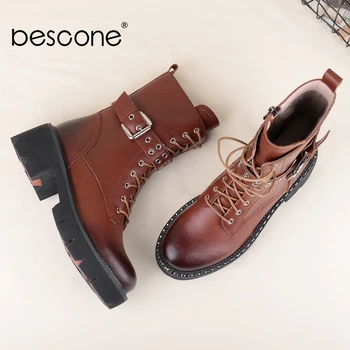 

Bescone Martin Boots Winter Warm Woman Genuine Leather Platform Mid-calf Boots Ladies High Square Buckle Strap Boots BC766