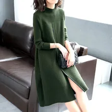 Осень и зима стиль Ozhouzhan женское платье средней длины со стоячим воротником с длинным рукавом вязаное базовое платье женский свитер Dre