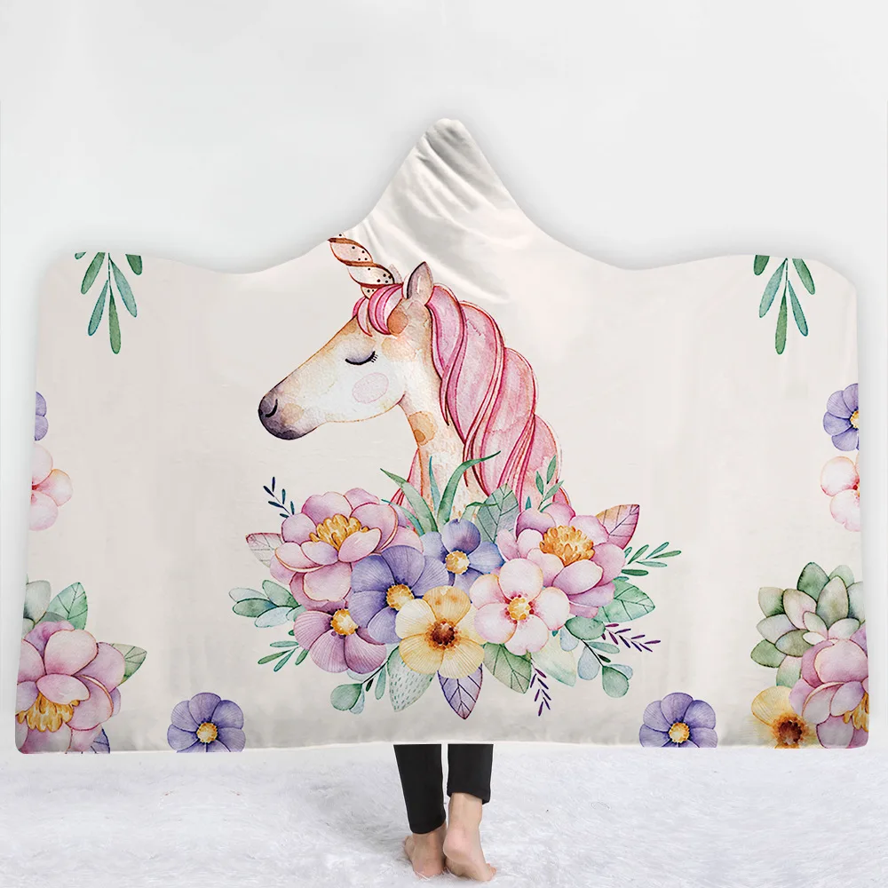 

2018 Explosive Hooded Blanket Cloak Thick Double Layer Plush 3D Digital Printing Unicorn Series