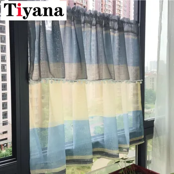 

Striped Short Curtain Sheer Curtain Window Treatment Double Layer Tassel Voile Valance Blue Bedroom Kithen Window Drapes ZH019Z