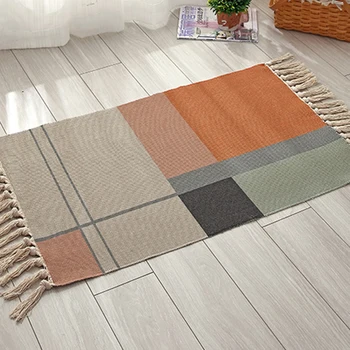 

Retro Bohemian Hand Woven Cotton Linen Carpet Tassel Bedside Rug Geometric Floor Mat Living Room Bedroom Home Decoration