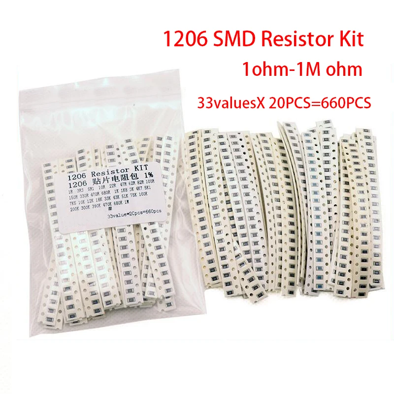 Набор резисторов 1206 SMD в ассортименте 1 Ом-1 м Ом 1% 33 значения 20 шт. = набор образцов