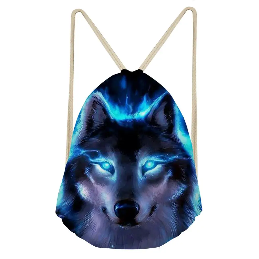 HaoYun Fashion Women's Drawstring Bags Cute Wolf Prints Pattern Beach Shoes Pockets Fashion Girls Mini Travel Organizer Bags