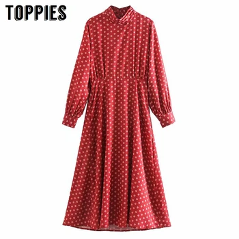 

2020 Spring Polka Dot Printing Maxi Dress Women Long Sleeve Red Dress Stand Collar A-line vestidos