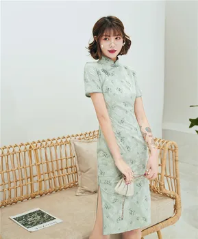 

Spring and summer new printing cotton and linen mid-length girls daily fashion slimming improvement dress
