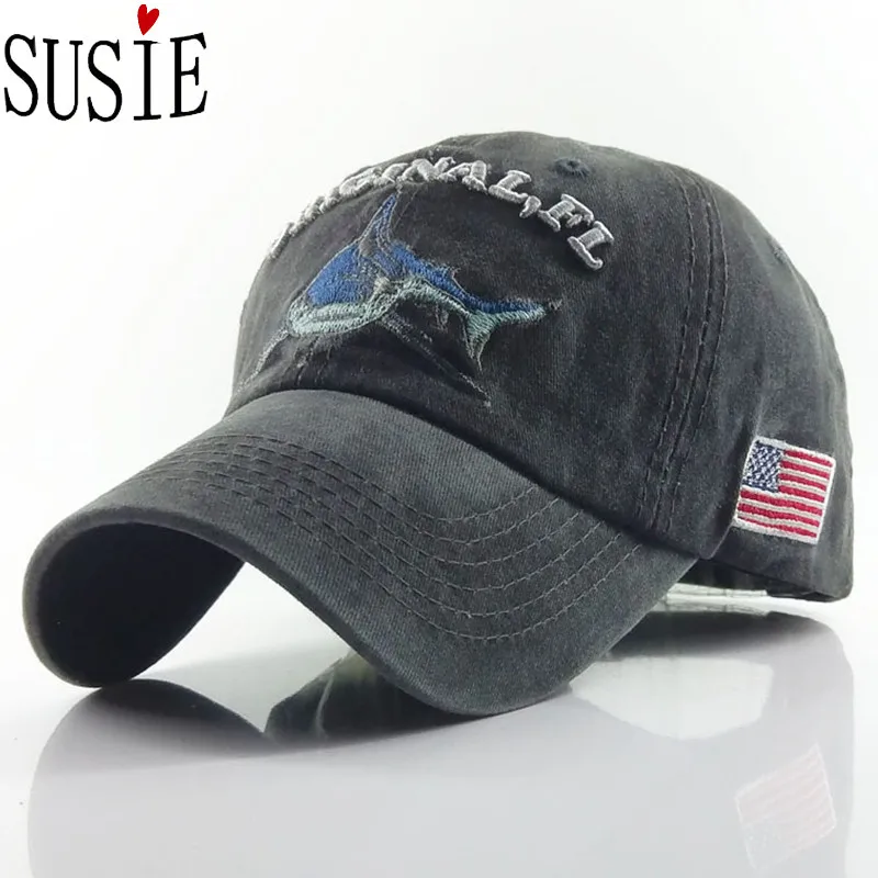 

Autumn Baseball Caps Embroidery Shark Pattern USA Flag Cotton Snapback Hat Unisex Casual Sun Protective Washed Old Style Hats