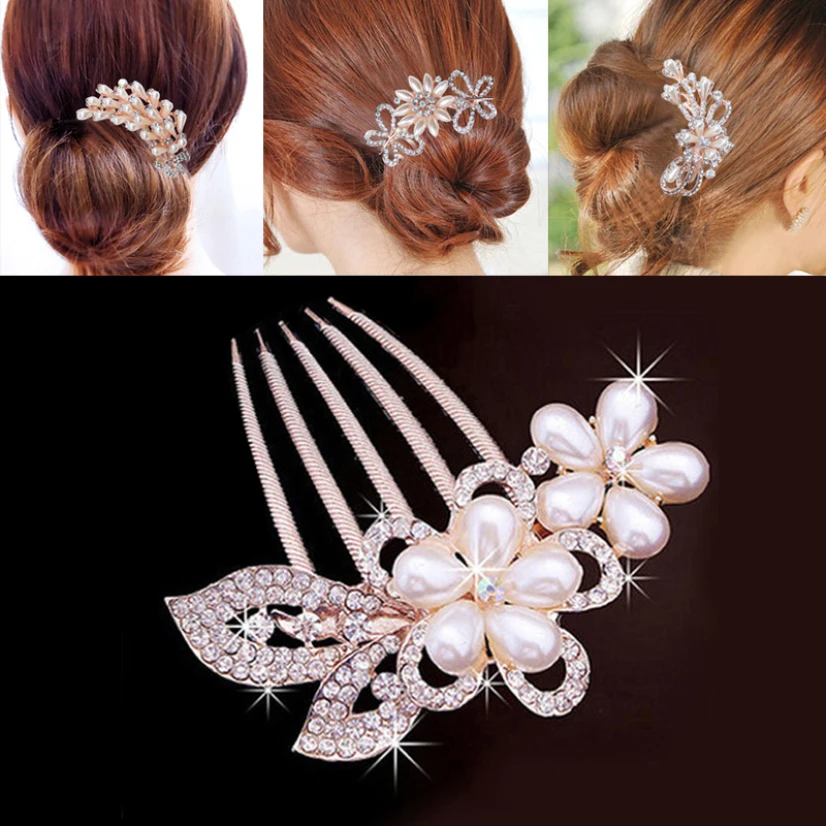 Trendy Rhinestone Hair Clips Wedding Bridal Faux Pearls Flower Peacock Hair Combs Korean Fashion Crystal Girl Hairpin Gifts hair accessory hair clip hair headdress bridal headwear