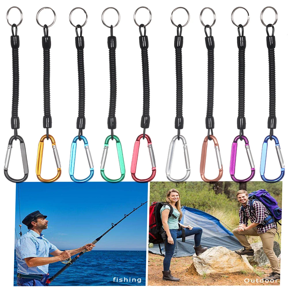 Camping Carabiner Keychain Plastic Retractable Tether Spring Elastic Rope  Outdoor Portable Fishing Lanyards Security Gear Tool