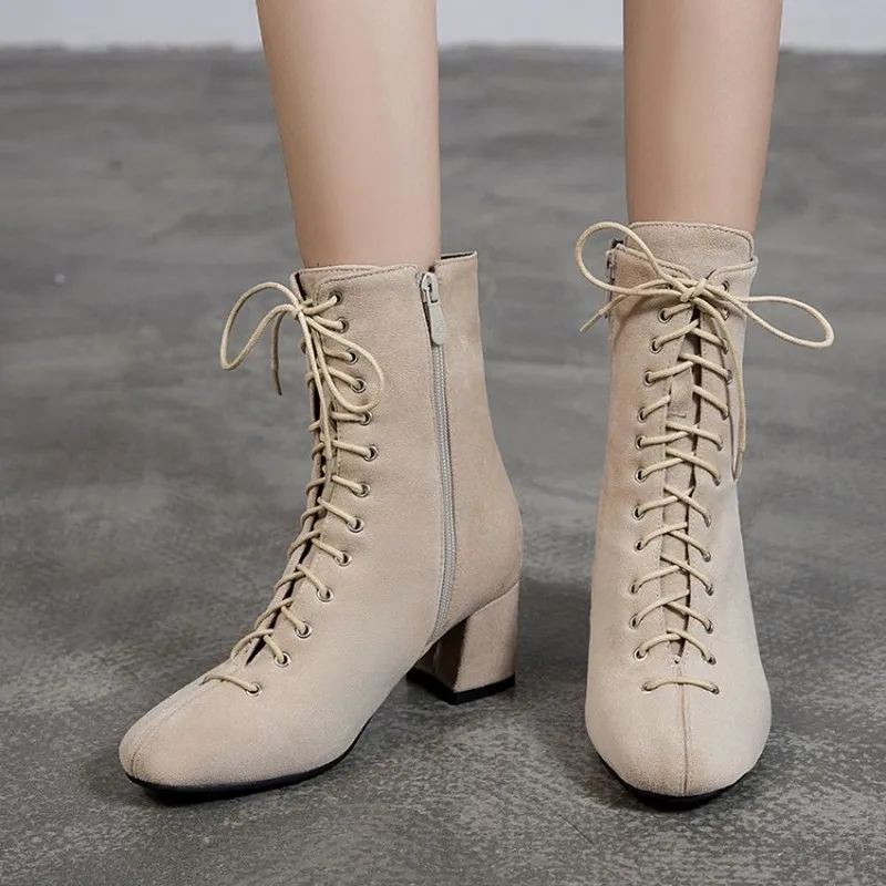 Женские ботильоны круглый носок высокие ботинки на каблуках со шнуровкой теплая