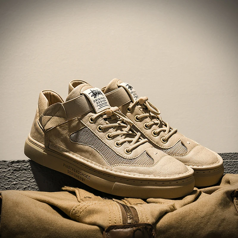 New Men Shoes Comfortable Flat Shoes Easy Lacing Breathable Shoes Mesh Walking Shoes - Color: Khaki