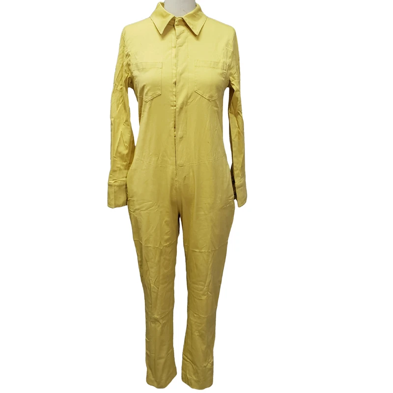 Cargo Pants Jumpsuit Loose Button V-neck Long Sleeve Women Overalls Romper Summer Elegant Combinaison Femme Vintage Jumpsuits C