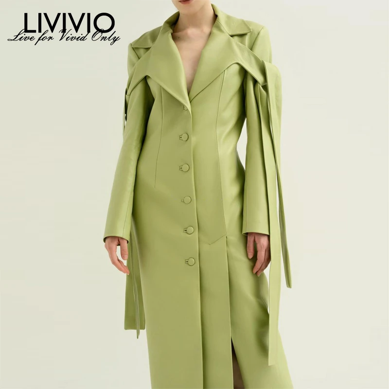 

[LIVIVIO] Sash Lace Up Pu Leather Women's Coat Long Sleeve Coats Female Streetwear 2019 Autumn Winter Fashion Clothing New
