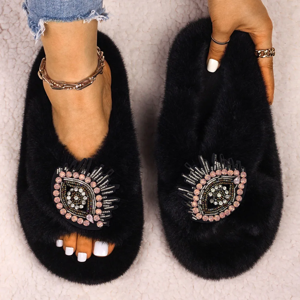 Women's Slippers Fluffy Flip Flop Bead Eye Decor Furry Slides Luxury Designer Slippers Flat Faux Fur Sandals Cute Platform Shoes