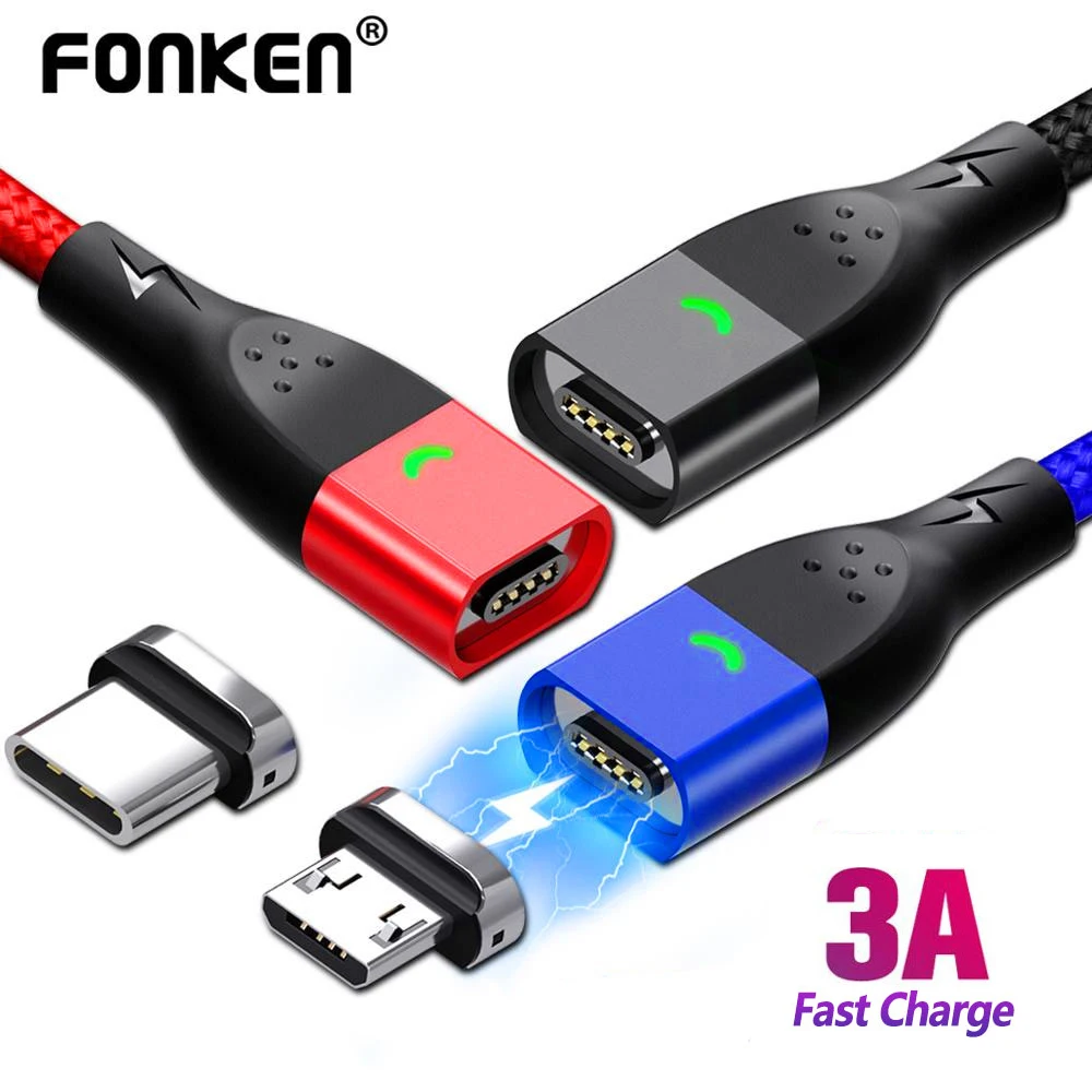 Магнитный кабель Micro USB FONKEN, магнитный кабель type C, кабели для зарядки телефонов для iPhone, samsung, huawei, Xiaomi, быстрая зарядка, 1 м, 2 м