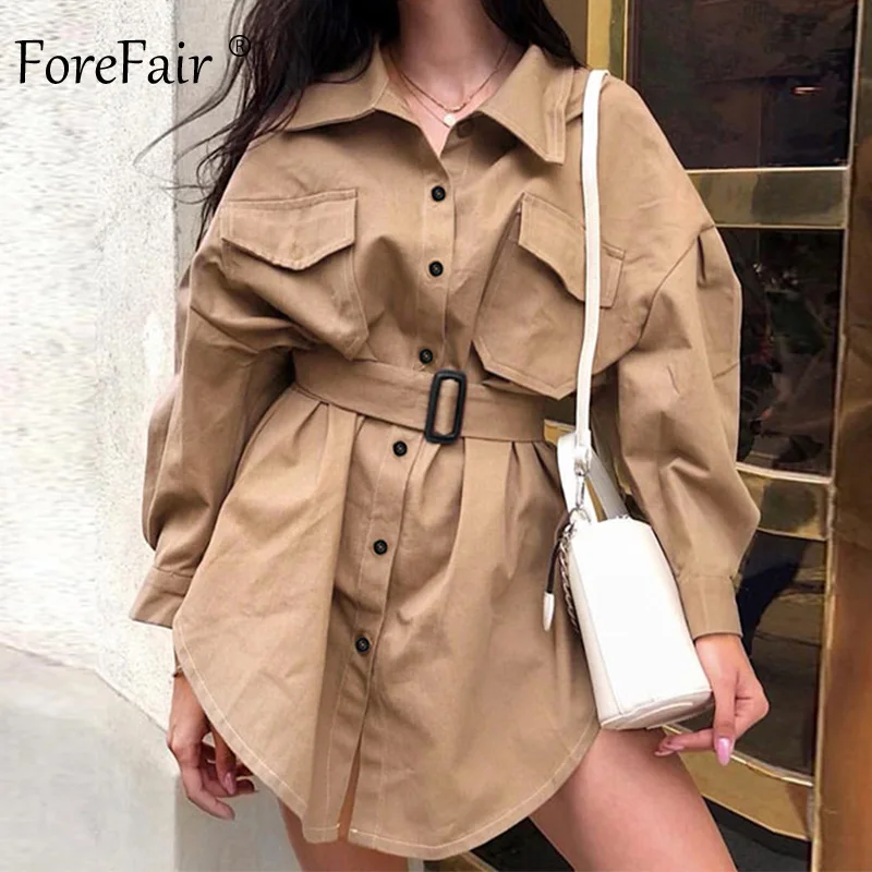 Женское платье рубашка с поясом Forefair туника длинными рукавами и карманами на