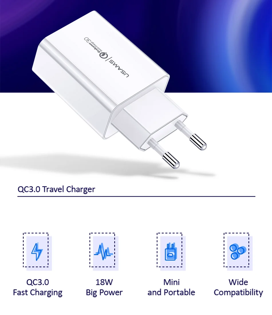 USAMS Quick Charge 3,0 QC 18W USB зарядное устройство QC3.0 высокоскоростное дорожное зарядное устройство для samsung Xiaomi iPhone EU US Plug зарядное устройство для мобильного телефона