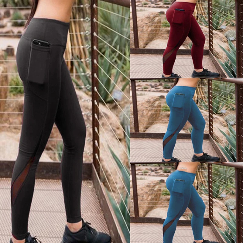 New Solid Color Patchwork High Waist Leggings Pockets Mesh Side Fitness Push Up Skinny Casual Trouser Slim Leggings