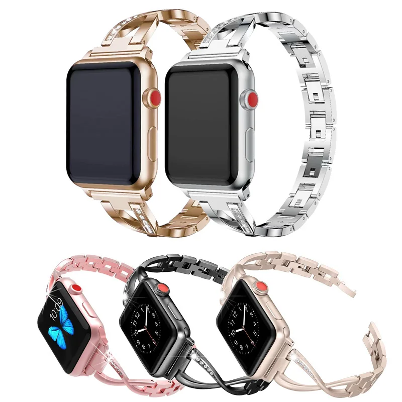 Ремешок из нержавеющей стали для Apple Watch 38 мм 40 42 44 с кристаллами и бриллиантами