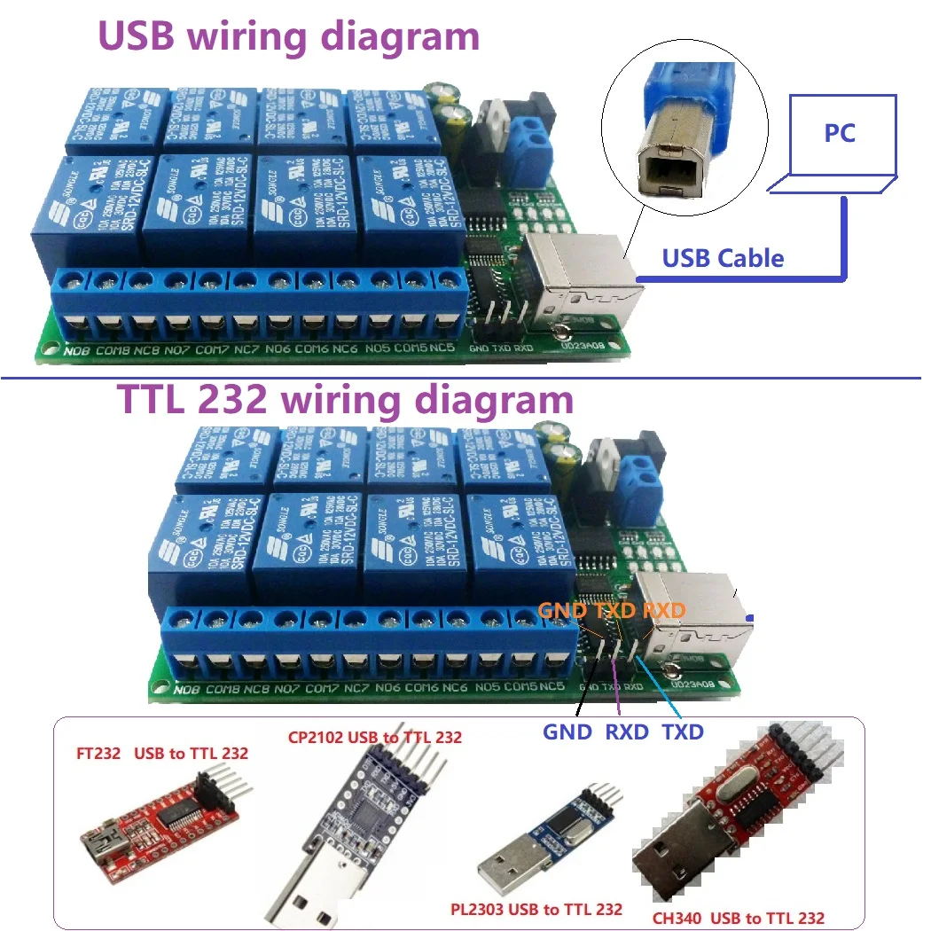 Модуль реле последовательного порта USB 2 в 1 5 В 12 24 постоянного тока 8 каналов плата