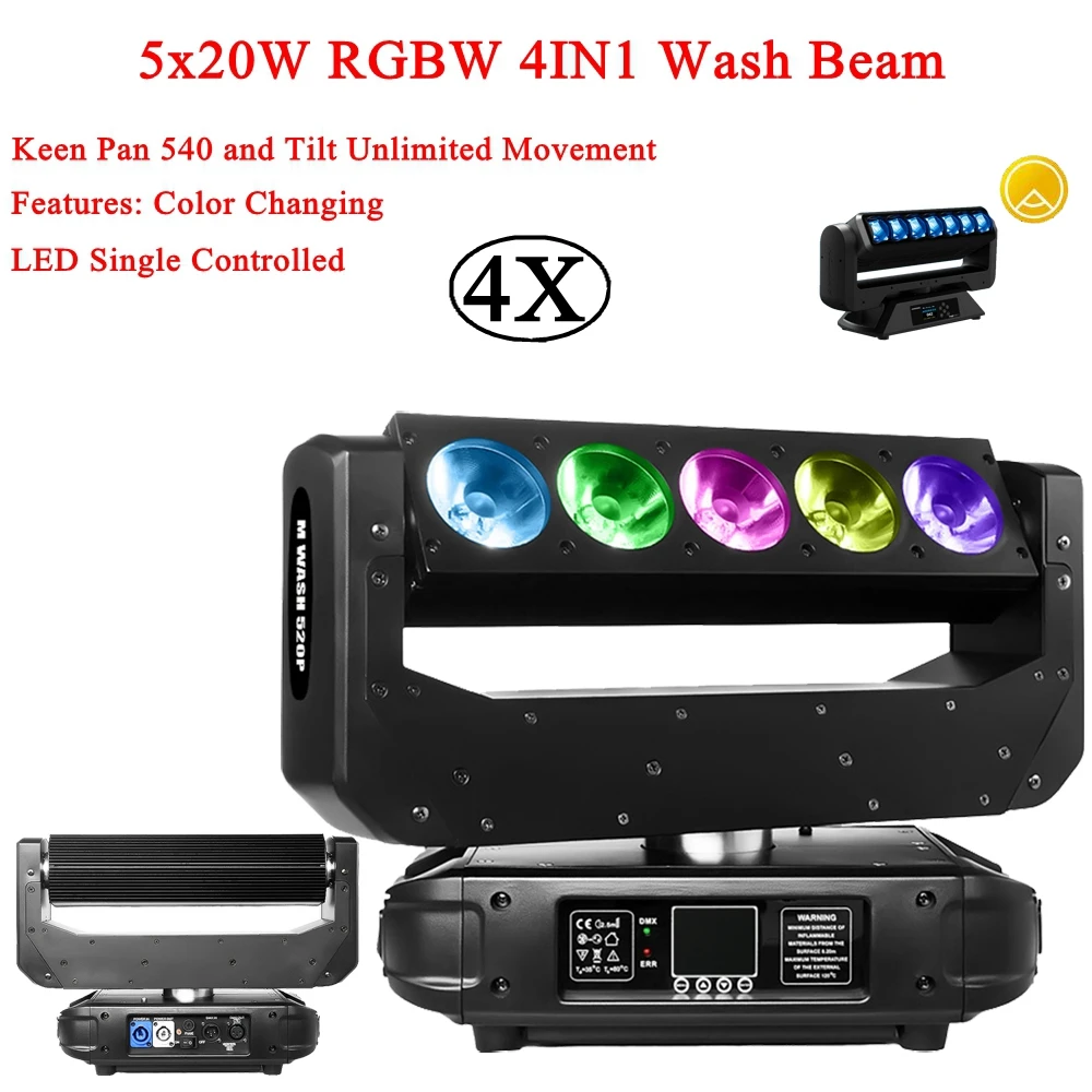 4Pcs/Lot Full CMY Color Mixing Effect 5x20W RGBW 4IN1 Moving Head Beam Wash Light For Stage Lighting DJ Disco Party Lighting